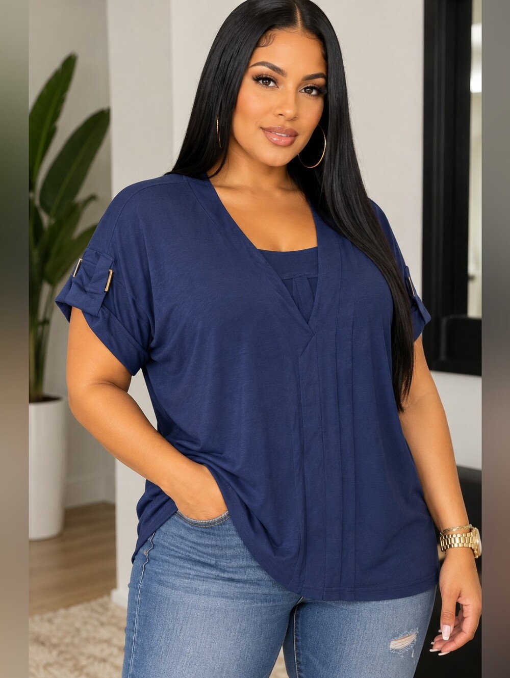 PerSeption Concept Navy V-Neck Layered Short Sleeve Top